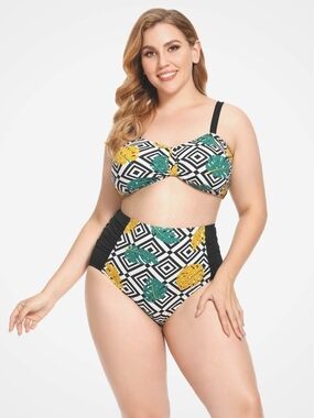 AS ROSE RICH PLUS SIZE BLACK GOLD GEO LEAF RUCHED HIGH-WAIST BIKINI SET 2X NWT